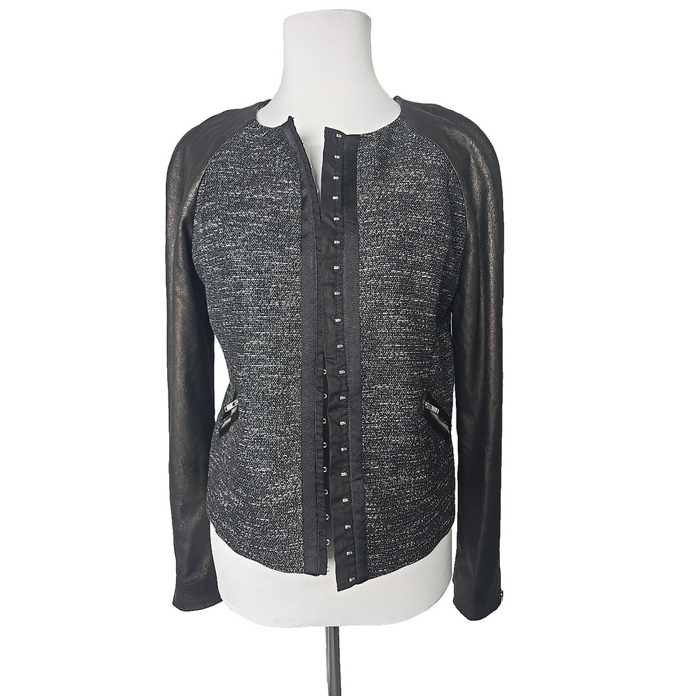 KOOKAI Womens Cropped Tweed Faux Leather Contrast Jacket Size 40 (Medium)